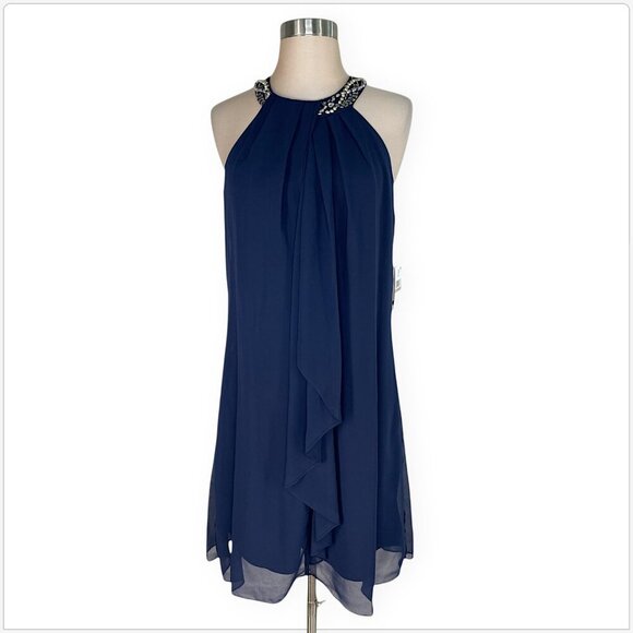 SLNY SL Fashions Navy Beaded Chiffon Halter Neck Evening Party Dress NWT New 12 - Picture 2 of 5